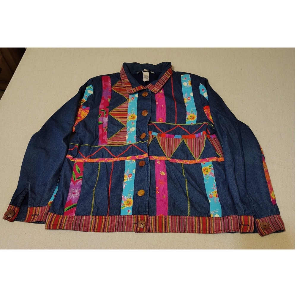 KT McKenzie Denim Jacket Patchwork Boho Granny Core Button Front Women XL